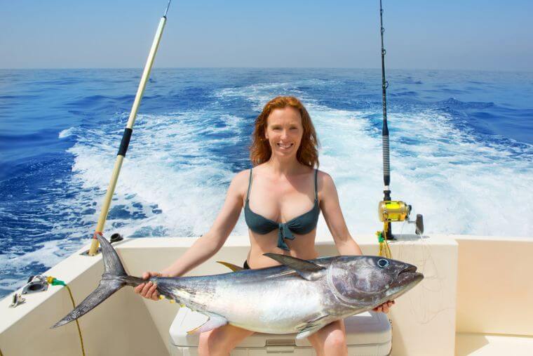 Beautiful,Bikini,Fisher,Woman,Holding,Big,Bluefin,Tuna,Catch,On