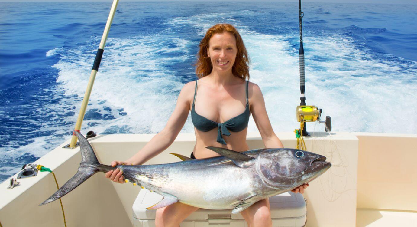 Beautiful,Bikini,Fisher,Woman,Holding,Big,Bluefin,Tuna,Catch,On